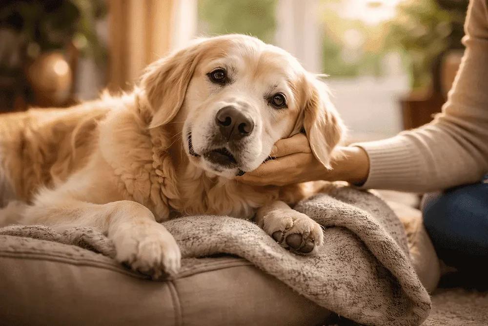 Golden retriever idoso recebendo carinho